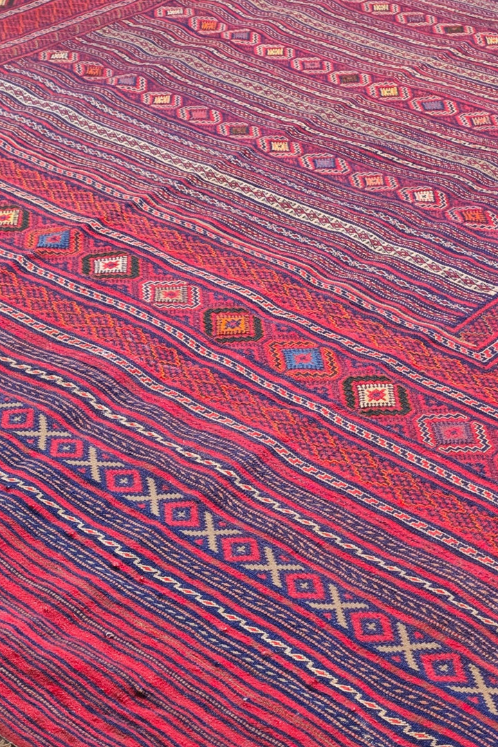 Magenta and Rose Banded Kilim, Hand-Woven Wool