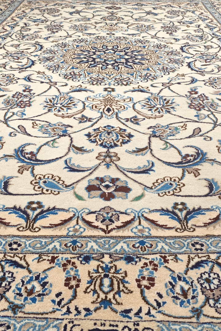 Ivory &amp; Blue Floral Persian Nain, Hand-Knotted Wool Rug