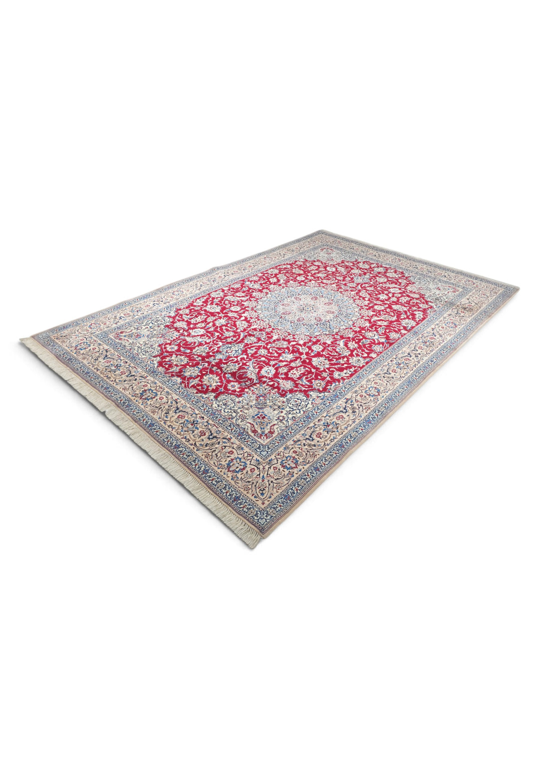 Red and Cream Medallion Nain Shesh La, Hand-Knotted Wool Rug
