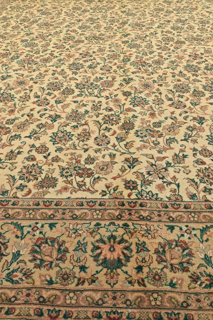Cream and Green Floral Vine, Hand-Knotted Pakistani Wool Rug