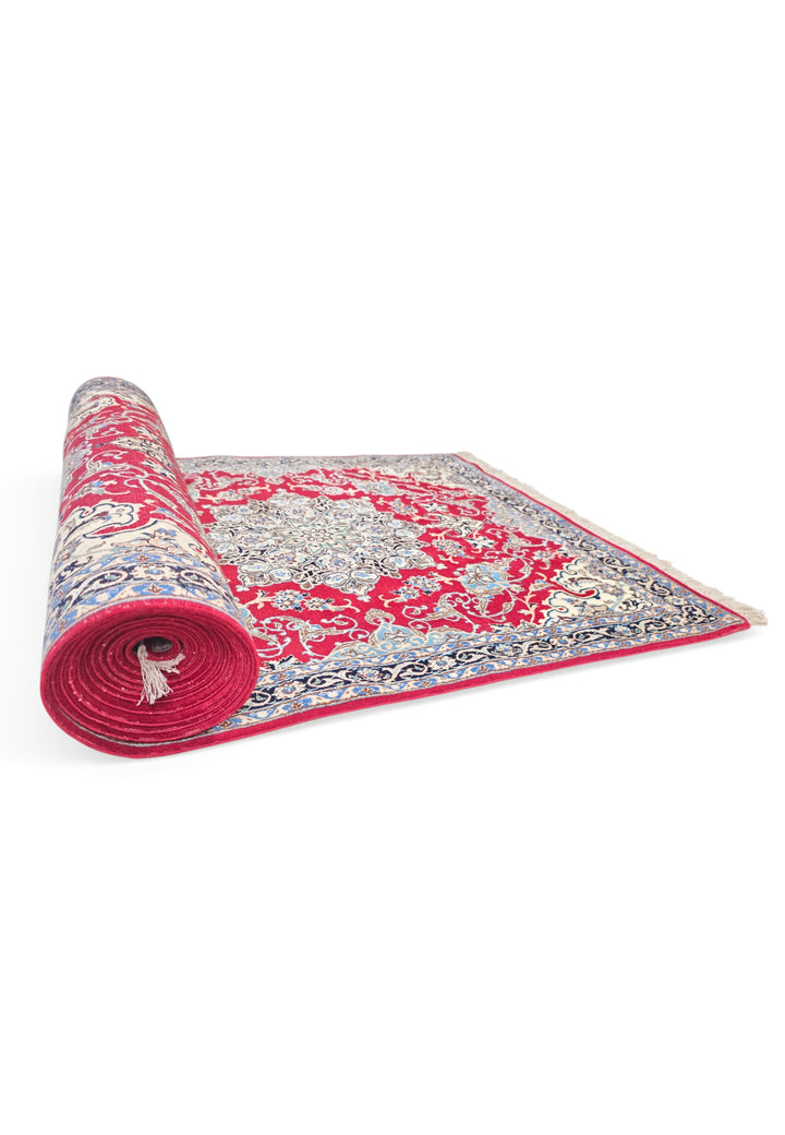 Red and Navy Medallion Nain, Hand-Knotted Wool Rug