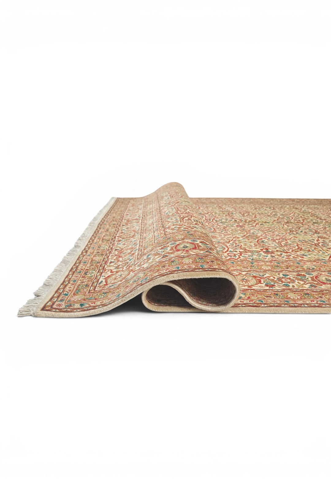 Cream and Red Floral Lattice, Hand-Knotted Wool Rug