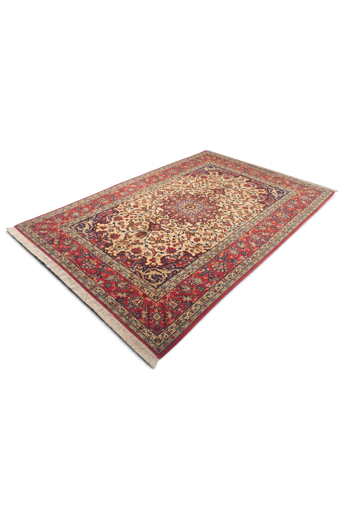 Gold and Red Medallion Sirafian Isfahan, Hand-Knotted Wool Rug
