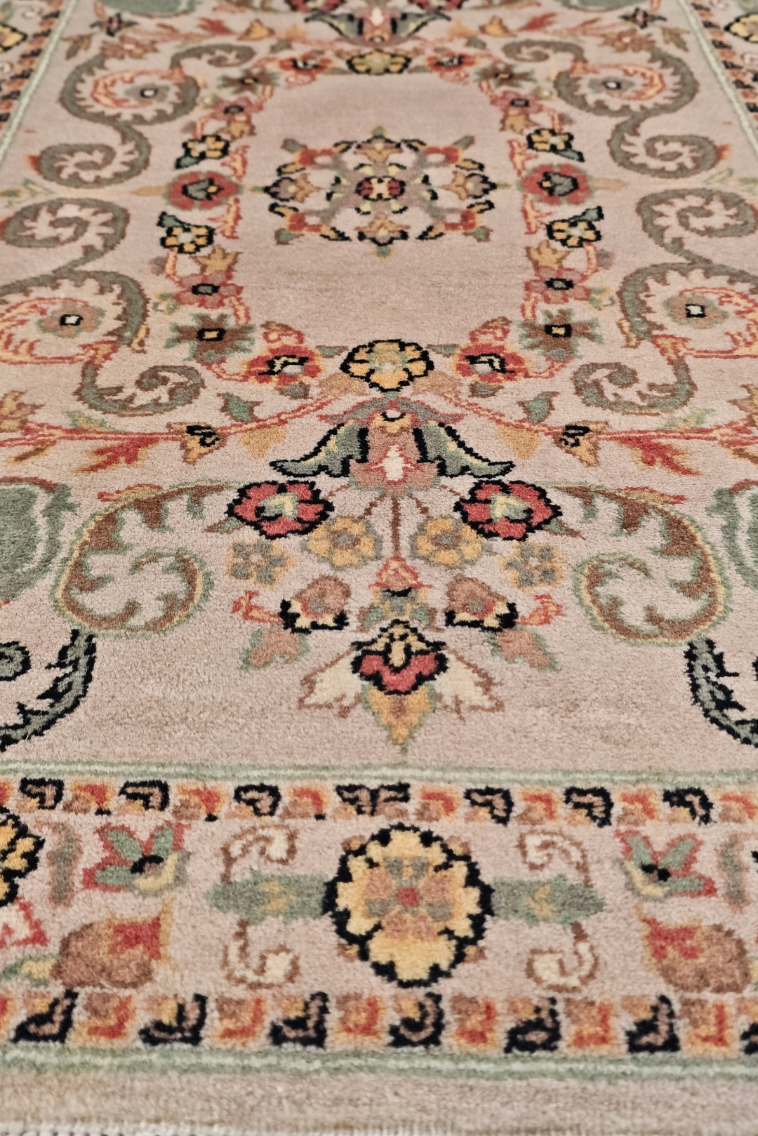 Blush and Sage Scrolling Leaf Medallion, Hand-Knotted Wool Rug