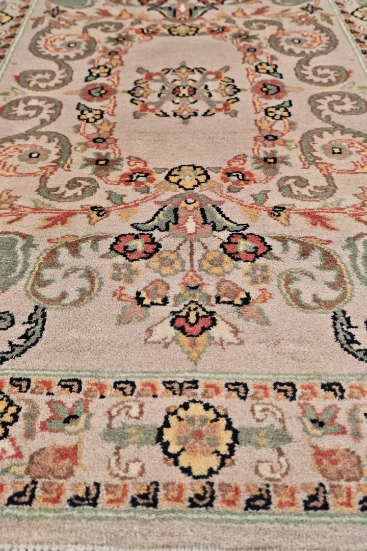 Blush and Sage Scrolling Leaf Medallion, Hand-Knotted Wool Rug