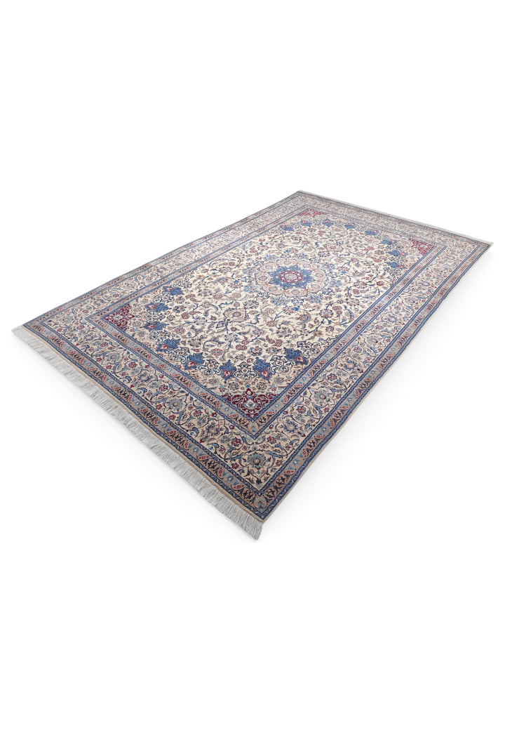Ivory and Blue Star Medallion Nain, Hand-Knotted Wool Rug