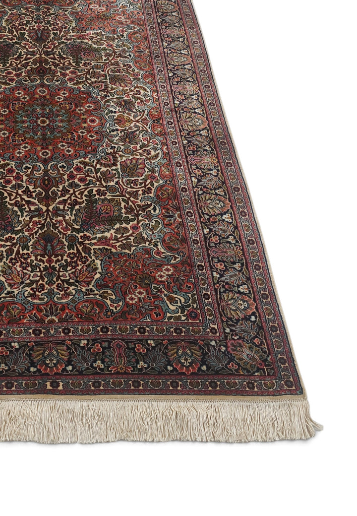 Ivory and Navy Shah Abbasi Floral Medallion, Hand-Knotted Silk Rug