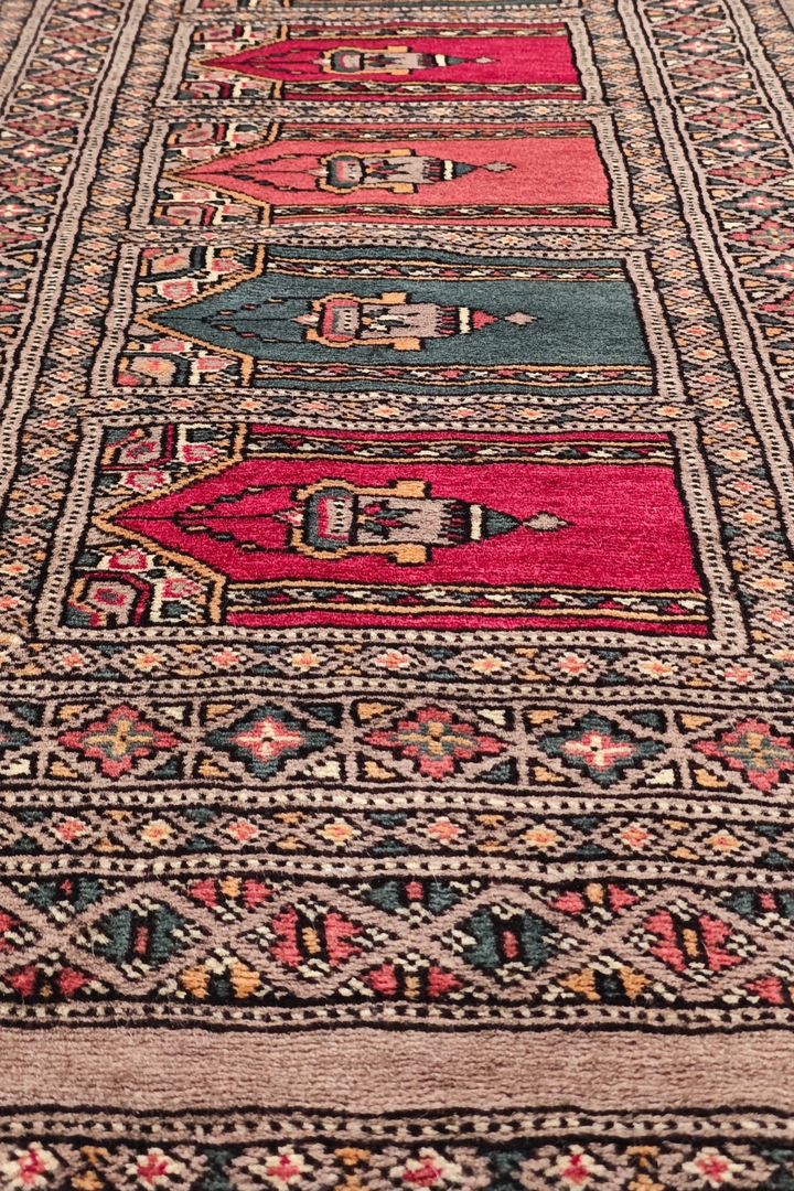 Taupe and Rose Saf Prayer Design, Hand-Knotted Wool Rug