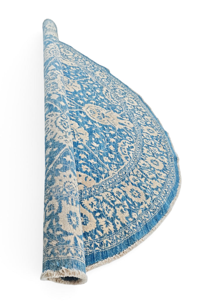Slate Blue and Cream Radial Floral Round, Hand-Knotted Wool and Silk Rug