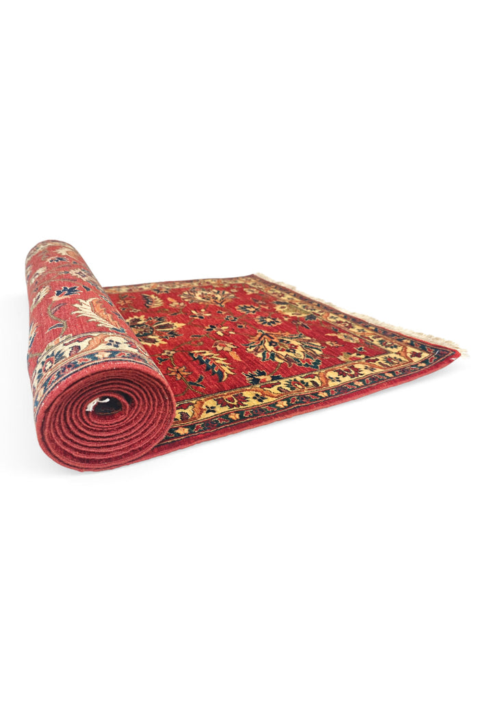 Red and Gold Palmette Qadeem Chobi, Hand-Knotted Wool Rug