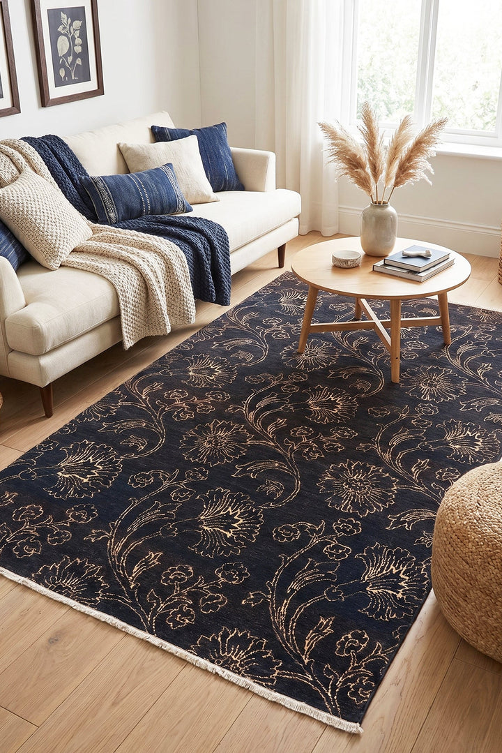 Midnight Floral Gabbeh, Hand-Knotted Afghan Wool Rug