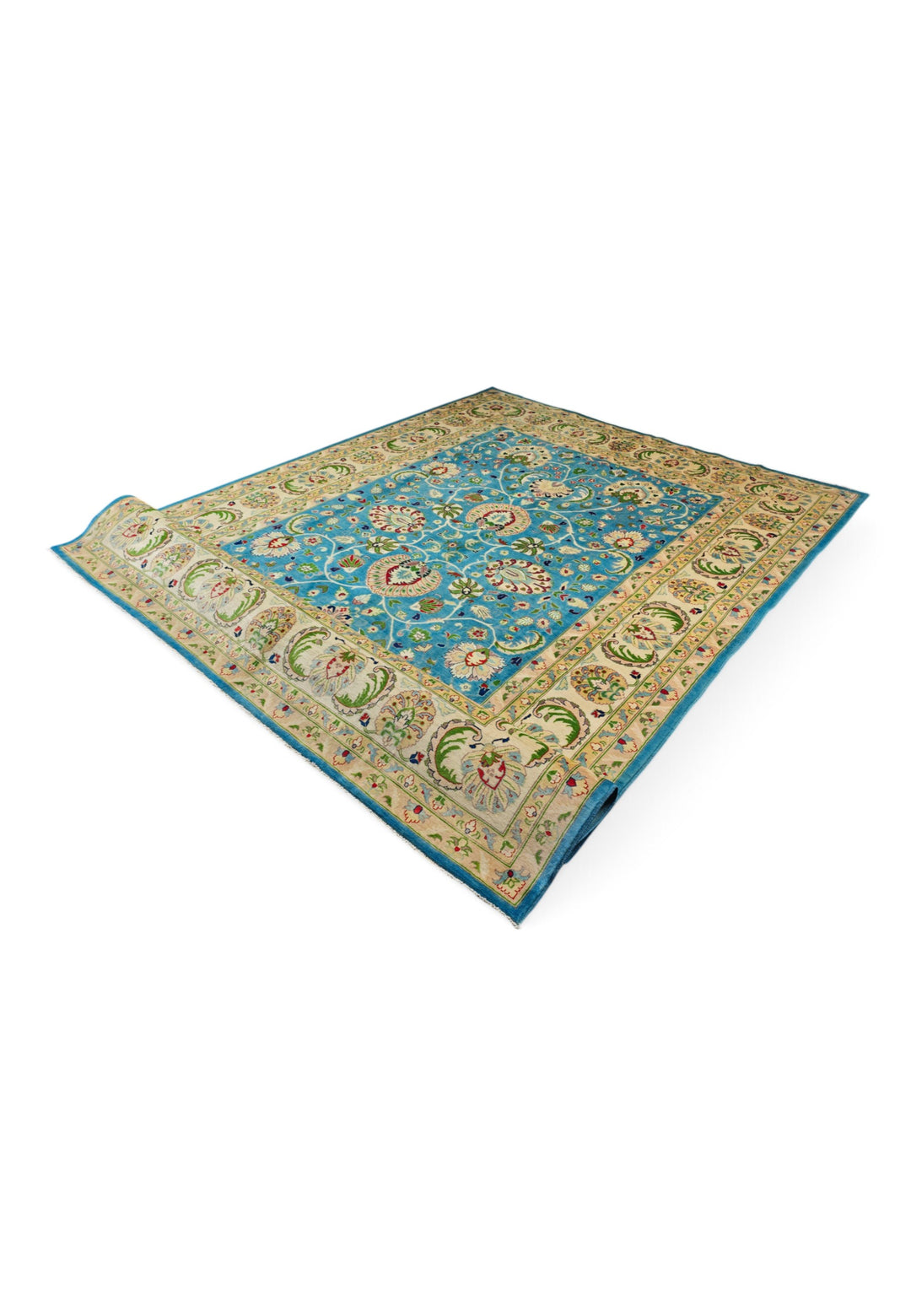 Turquoise and Cream Floral Ghazni, Hand-Knotted Wool Rug