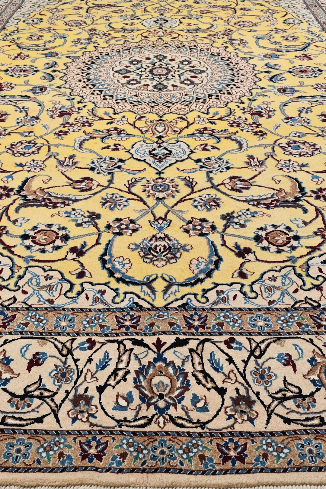Saffron-Yellow Medallion Persian Nain, Hand-Knotted Wool Rug
