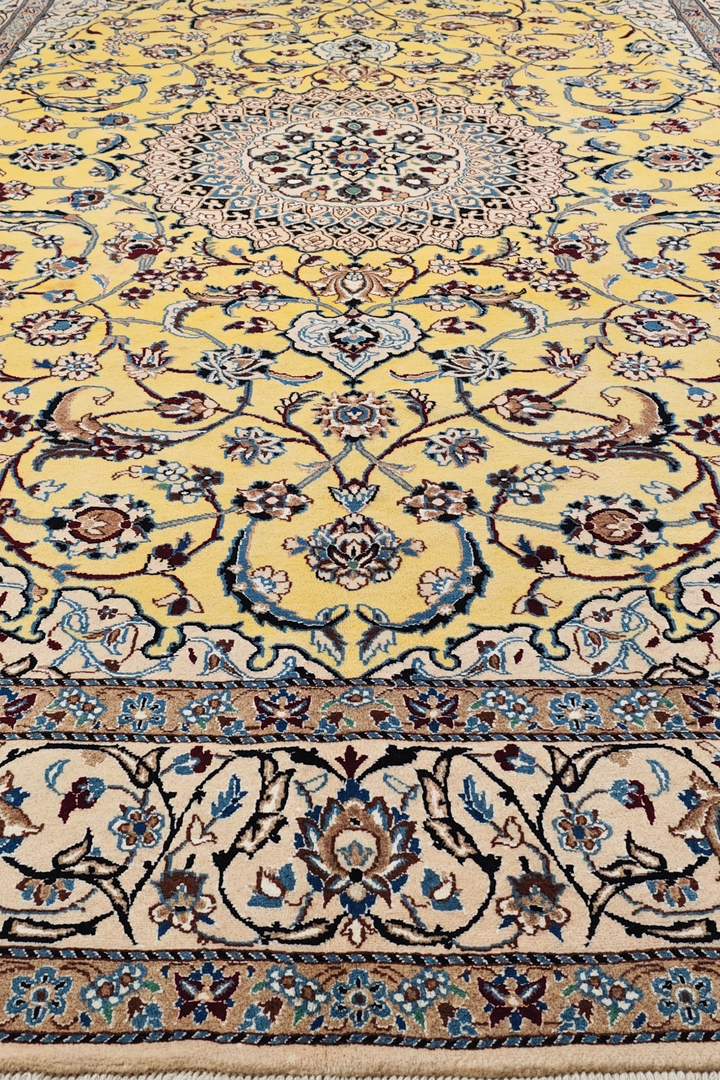 Saffron-Yellow Medallion Persian Nain, Hand-Knotted Wool Rug
