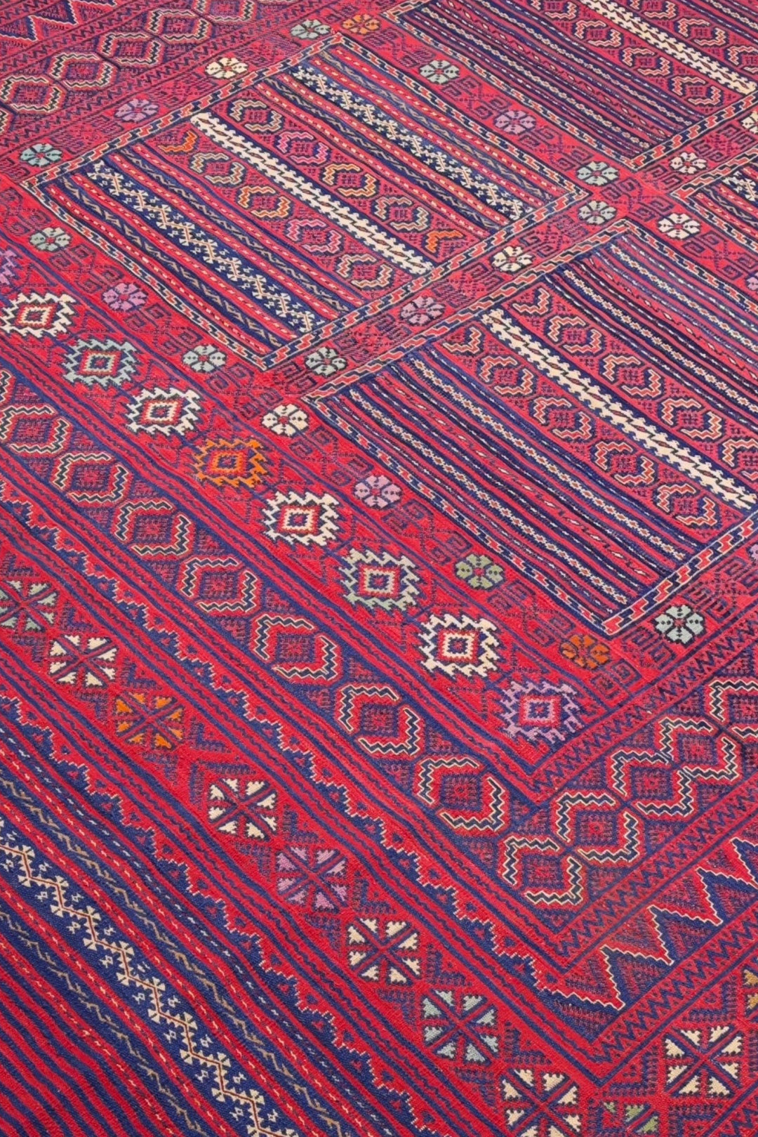 Rose Red and Navy Four-Panel Kilim, Hand-Woven Wool