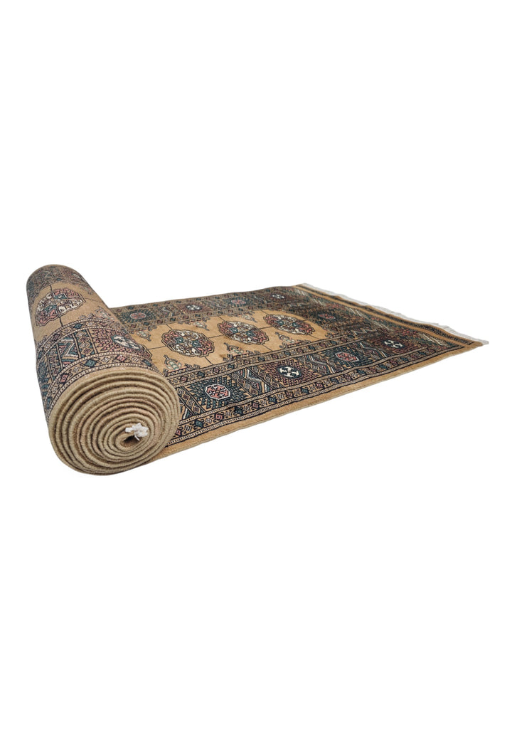 Camel and Teal Turkmen Gül Bokhara, Hand-Knotted Wool Rug