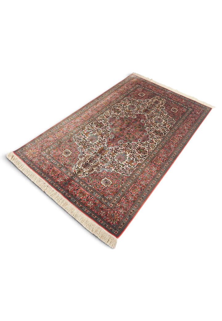 Ivory and Rose Lotus Palmette Medallion, Hand-Knotted Silk Rug