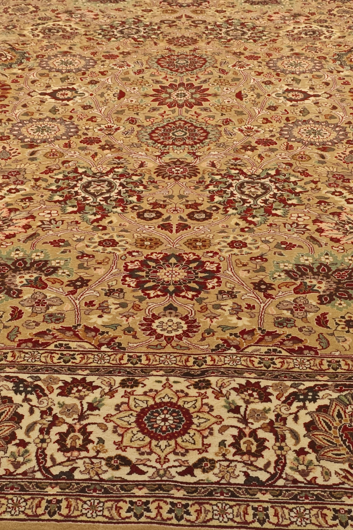 Gold and Ivory Tabriz Floral, Hand-Knotted Pakistani Wool Rug