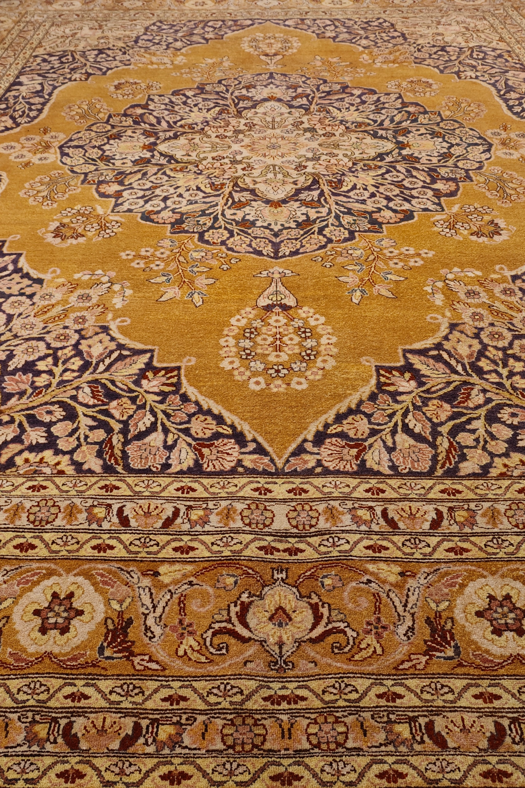 Amber and Mahogany Medallion Chobi, Hand-Knotted Wool Rug