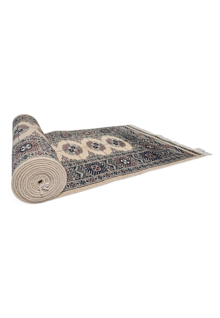 Camel and Navy Turkmen Gül Bokhara, Hand-Knotted Wool Rug