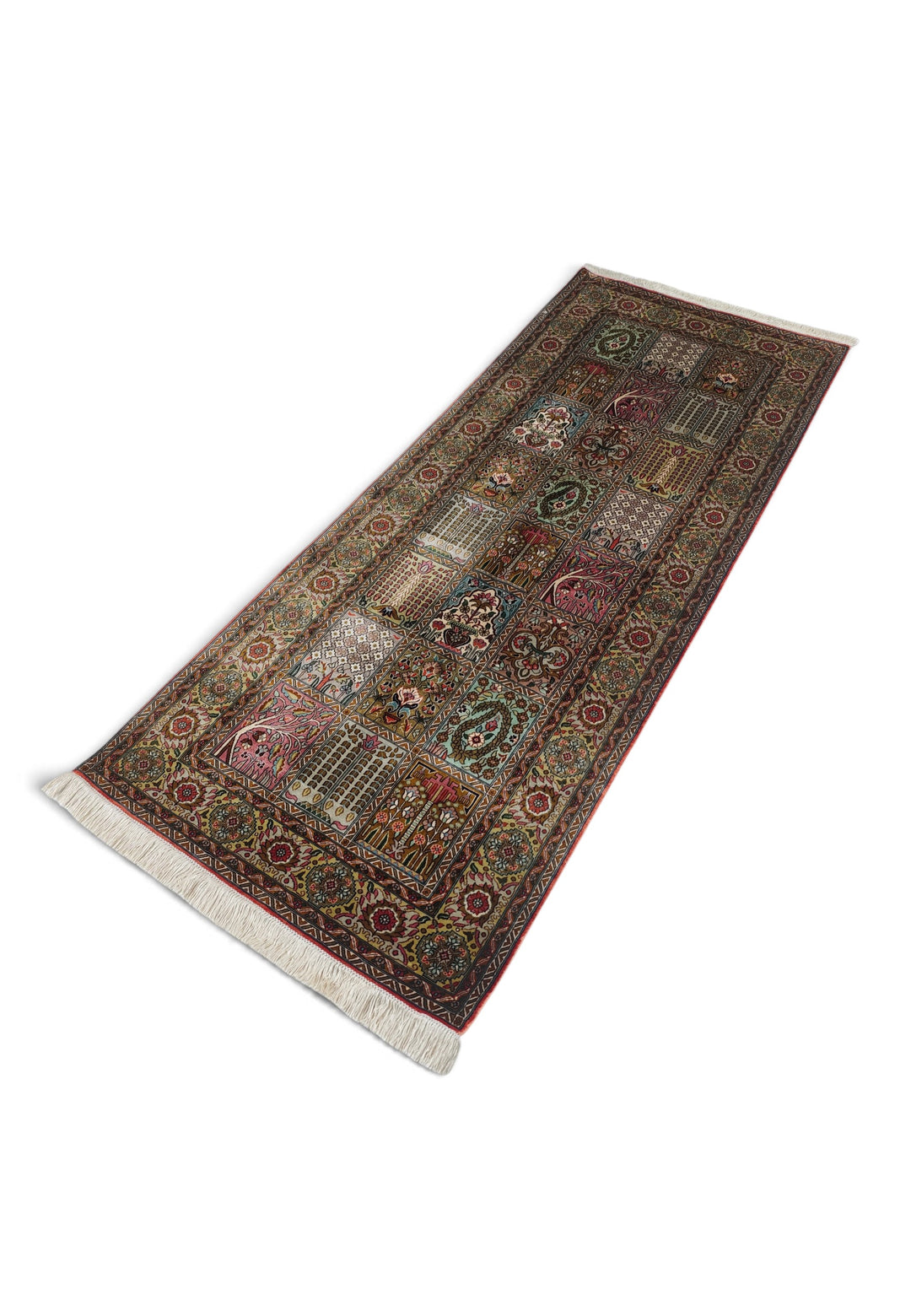 Taupe and Cream Khesti Garden Panel, Hand-Knotted Silk Rug