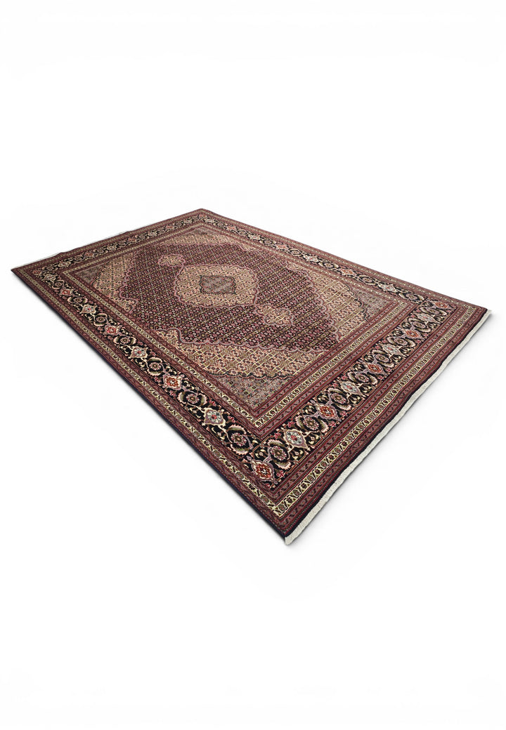 Burgundy Mahi Medallion Persian Tabriz, Hand-Knotted Wool Rug