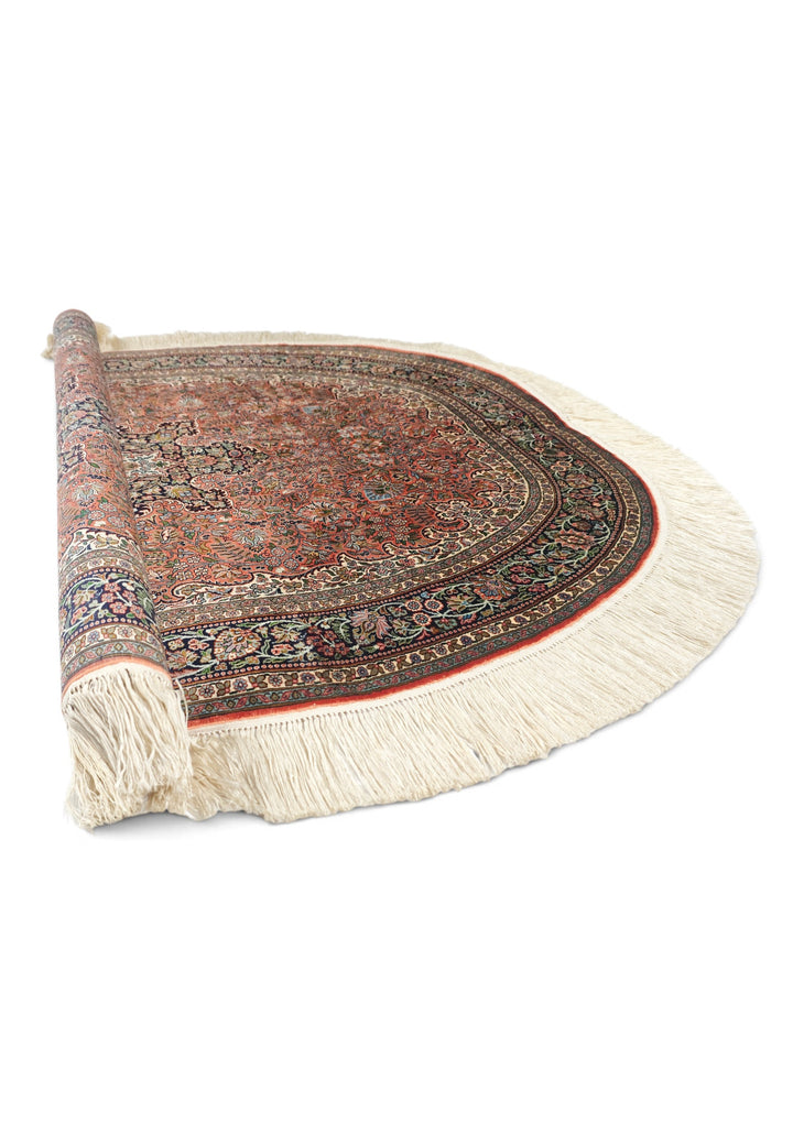 Brick Red and Black Oval Medallion, Hand-Knotted Silk Rug