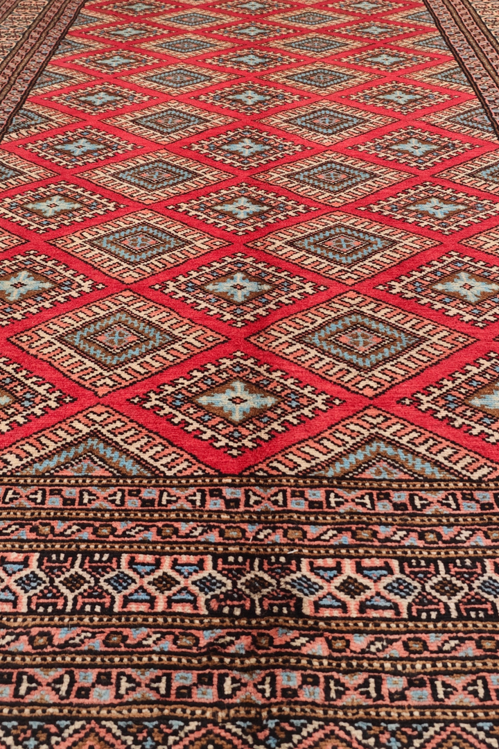 Crimson and Salmon Diamond Lattice, Hand-Knotted Wool Rug