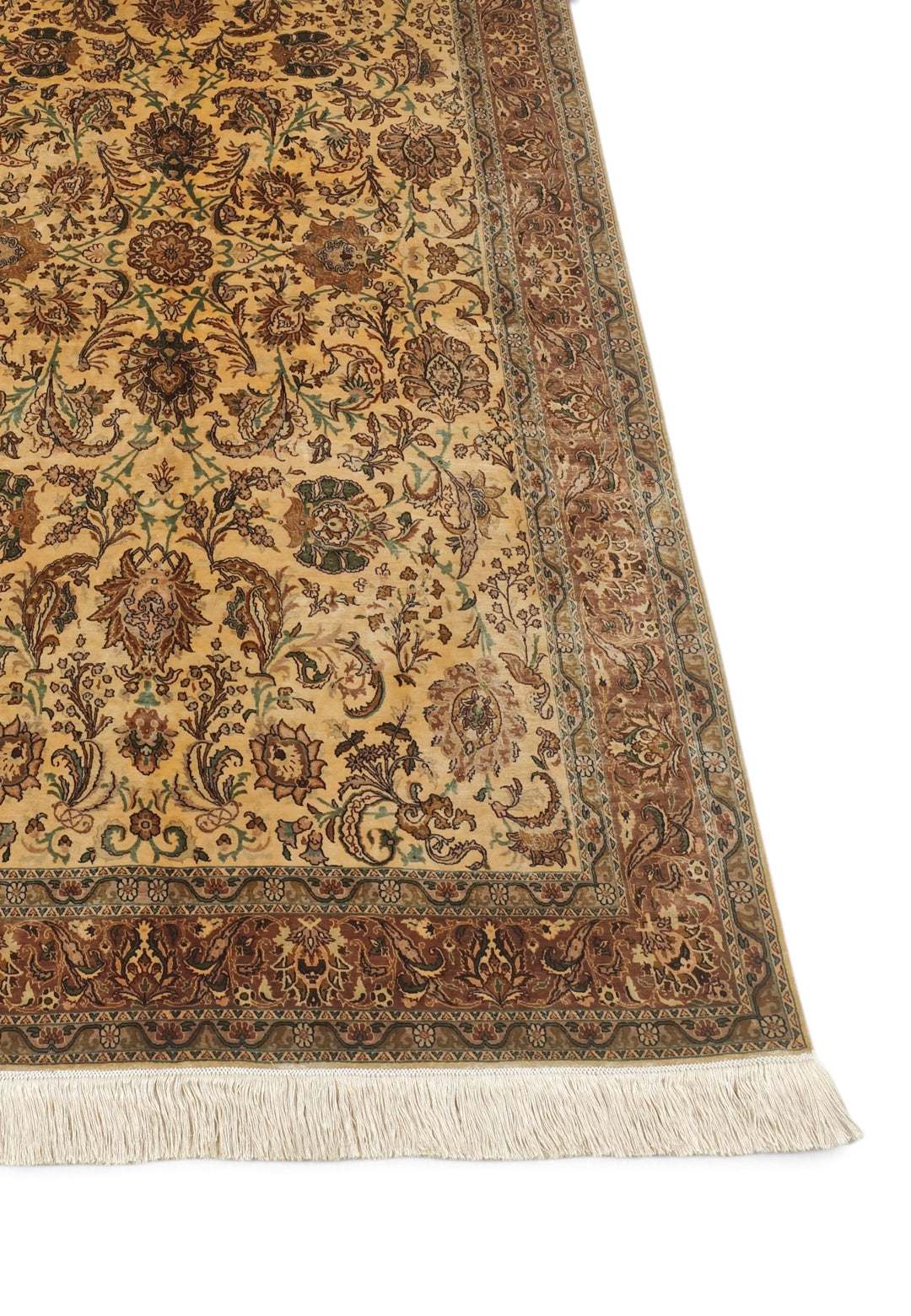 Gold and Brown Afshan All-Over Floral, Hand-Knotted Silk Rug