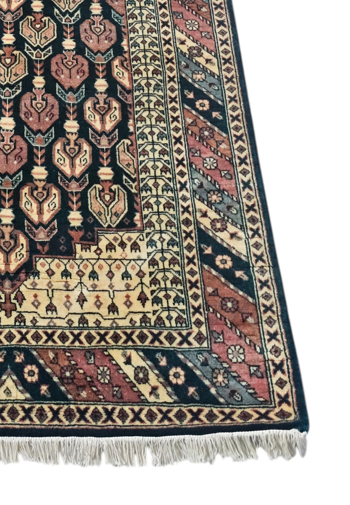 Navy and Dusty Rose Hereke Floral, Hand-Knotted Wool Rug