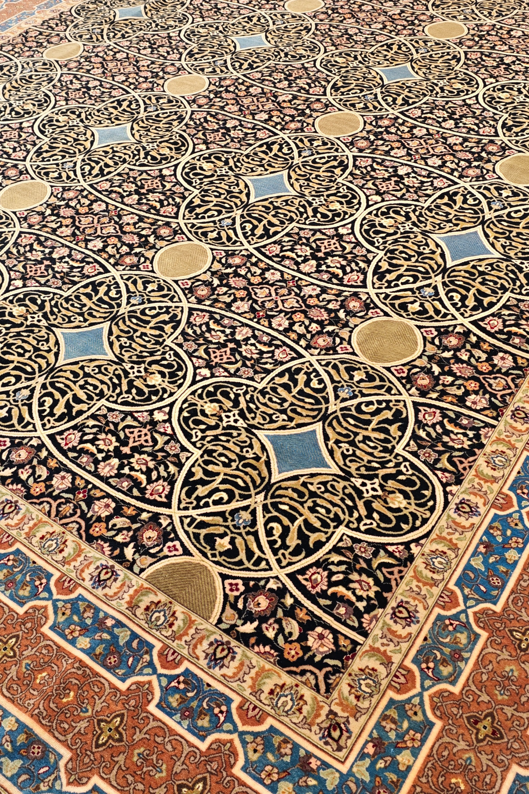 Espresso and Peach Circle Lattice, Hand-Knotted Wool Rug
