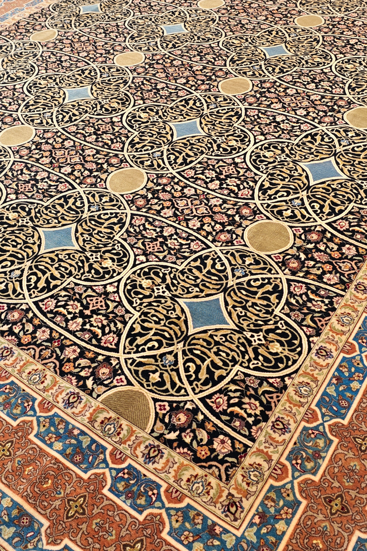 Espresso and Peach Circle Lattice, Hand-Knotted Wool Rug
