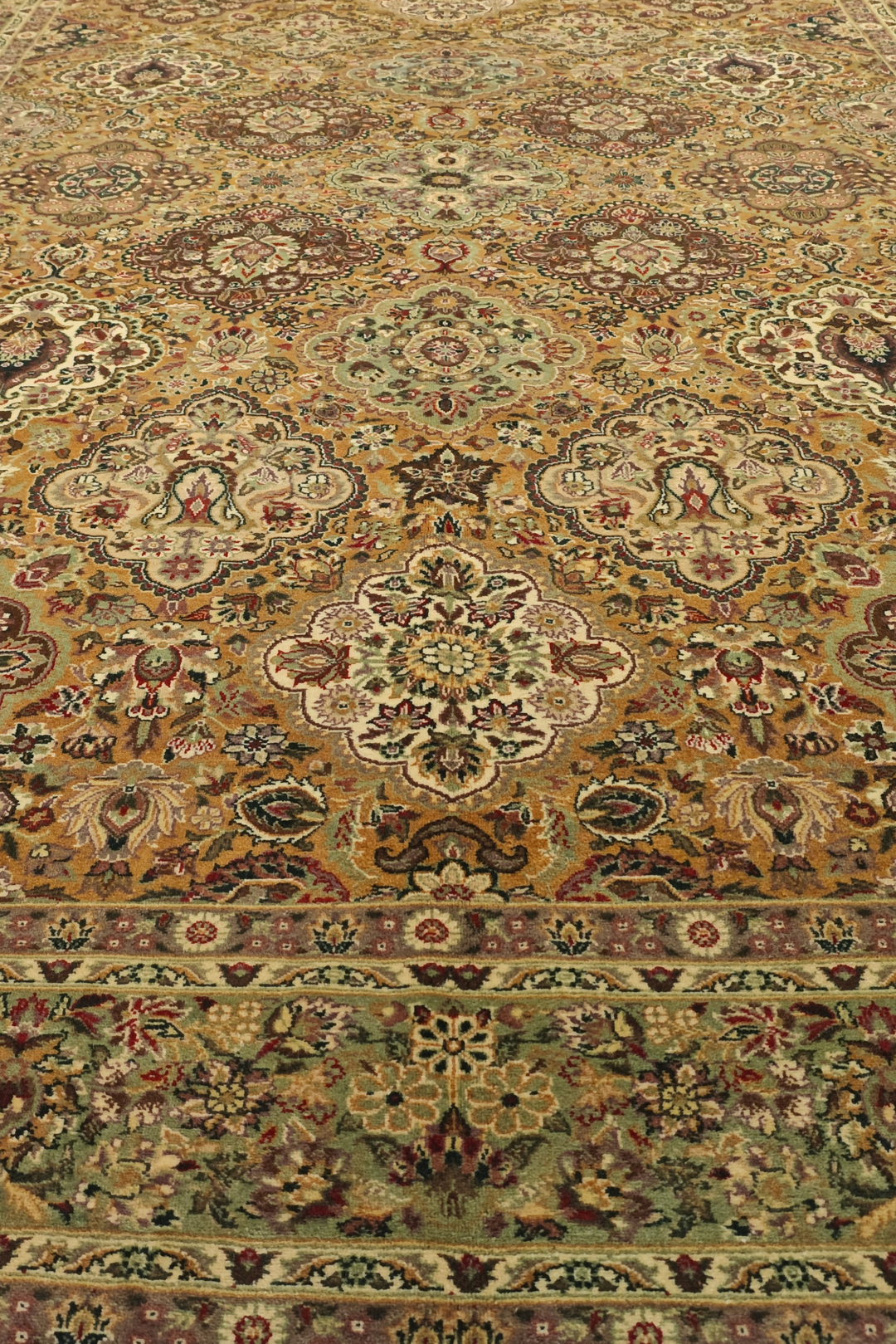 Gold and Sage Repeating Floral, Hand-Knotted Wool Rug