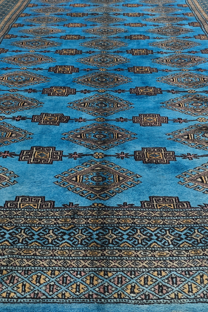 Azure Blue and Cream Jaldar Diamond Gül, Hand-Knotted Wool Rug