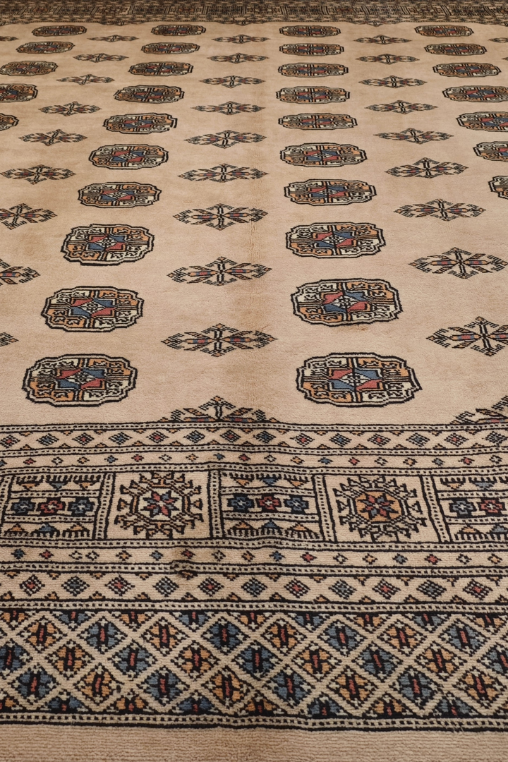 Sand Beige Turkmen Gül Bokhara, Hand-Knotted Wool Rug