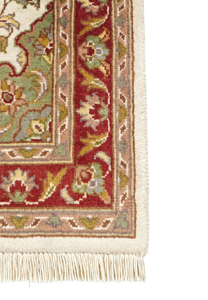 Ivory and Deep Red Medallion Tabriz, Hand-Knotted Wool and Silk Rug