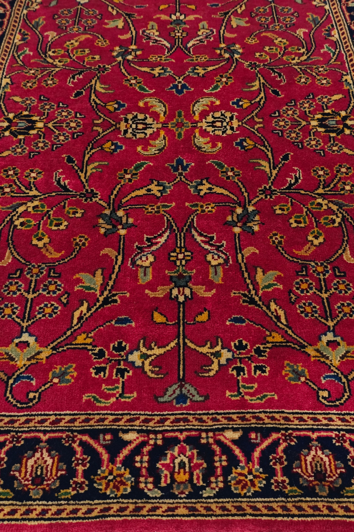 Crimson and Indigo Sarouk Floral, Hand-Knotted Wool Rug