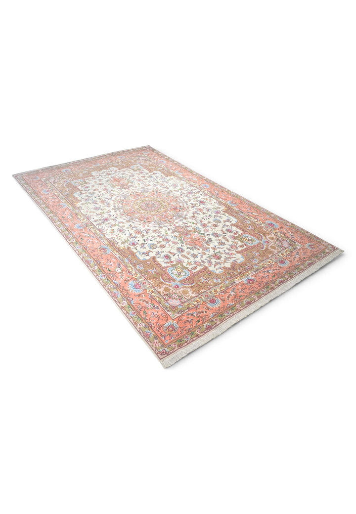 Ivory and Coral Radiating Medallion Tabriz, Hand-Knotted Wool Rug