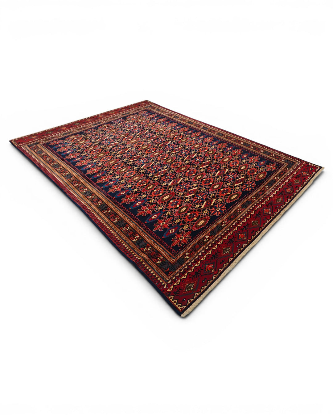 Indigo &amp; Red All-Over Floral Rug, Hand-Knotted Afghani Sherwan
