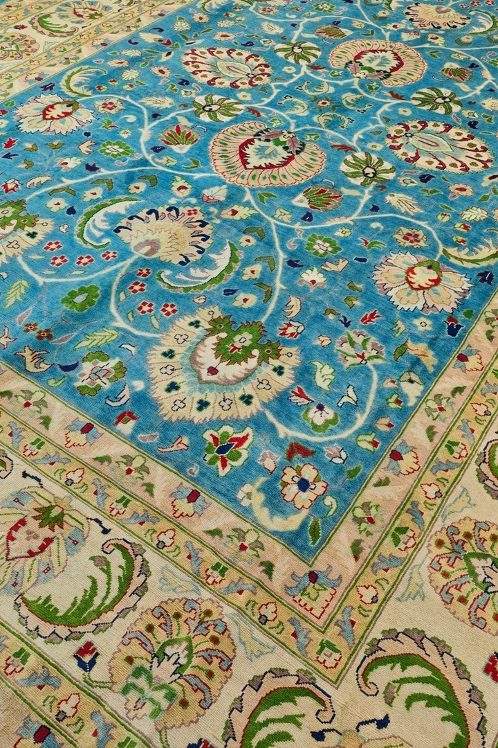 Turquoise and Cream Floral Ghazni, Hand-Knotted Wool Rug