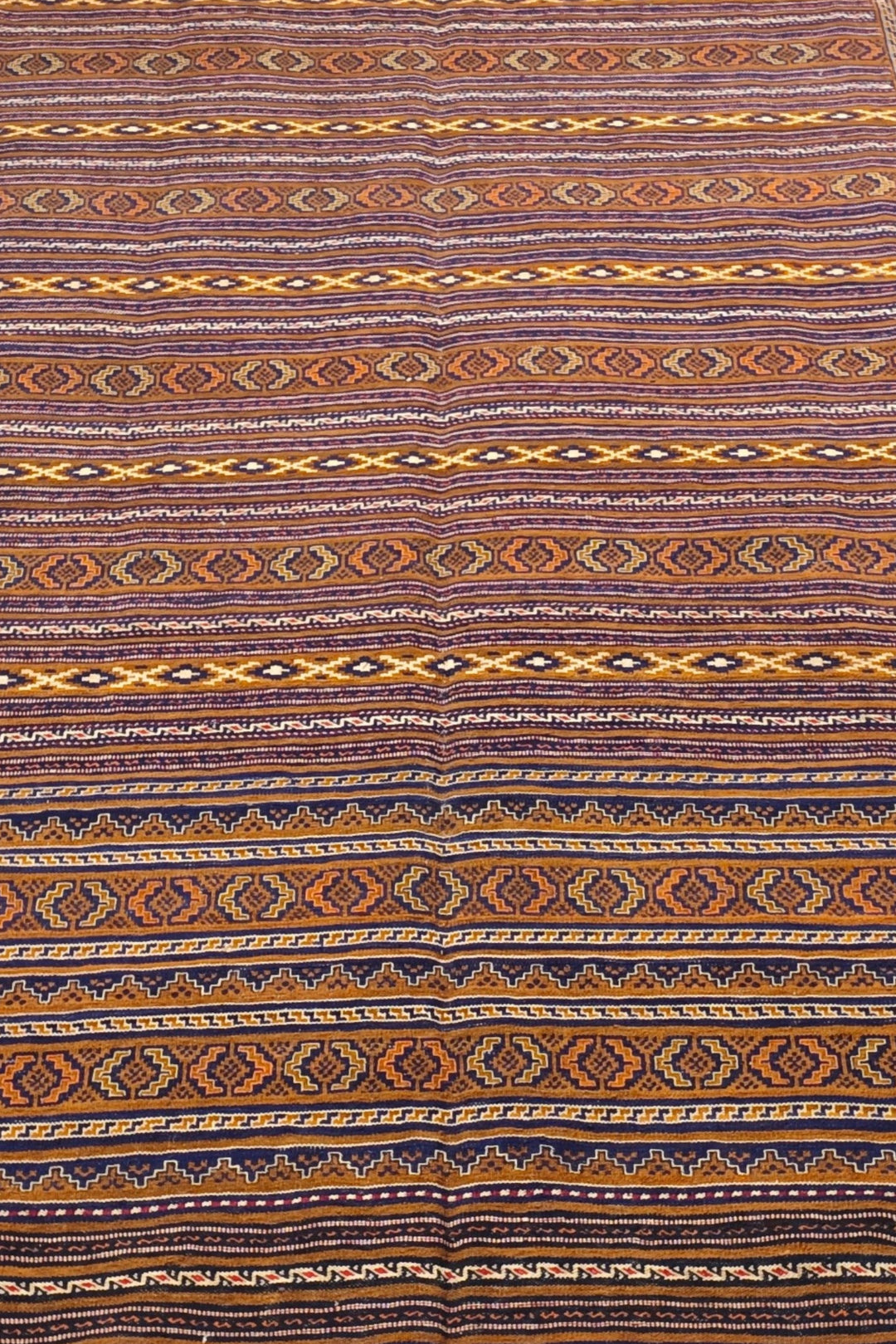 Caramel and Gold Banded Kilim, Hand-Woven Wool
