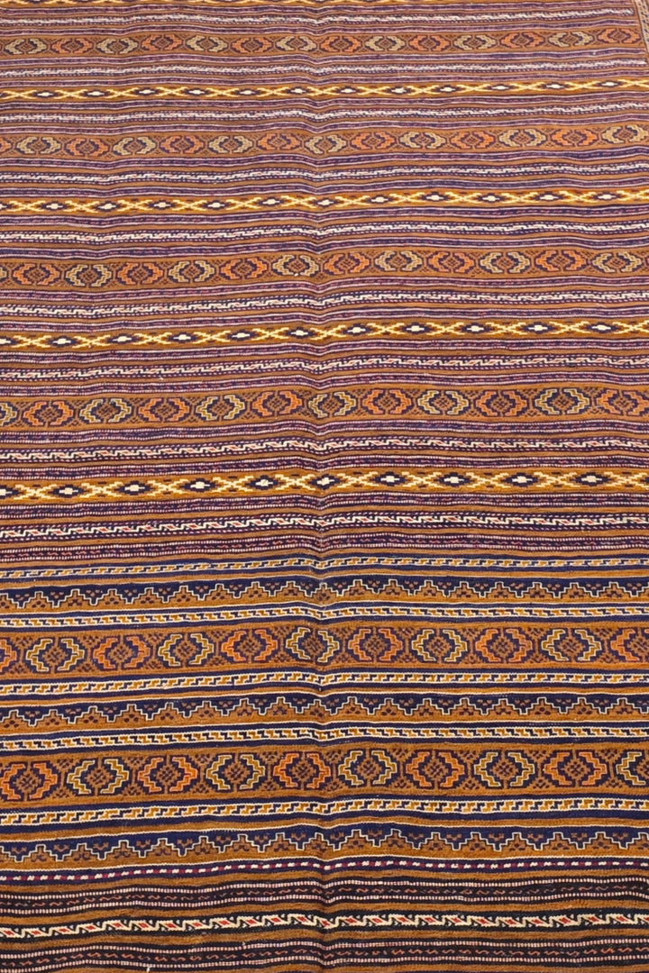 Caramel and Gold Banded Kilim, Hand-Woven Wool