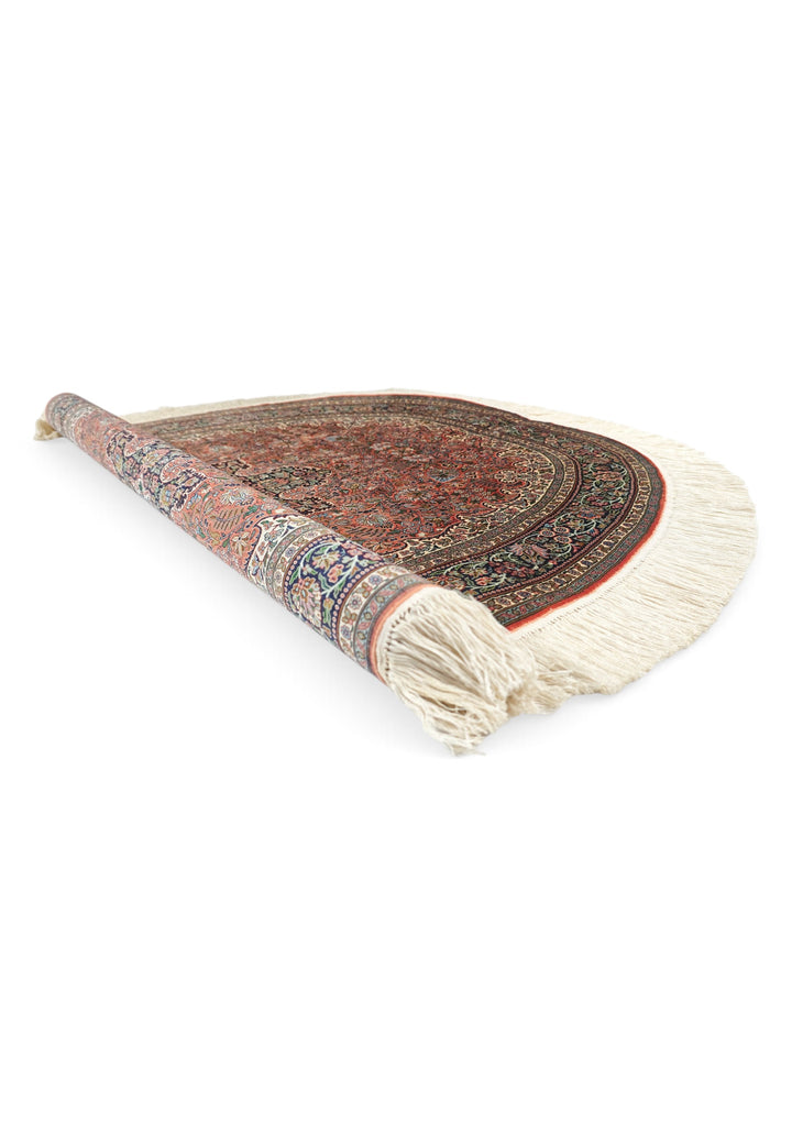 Brick Red and Black Oval Medallion, Hand-Knotted Silk Rug