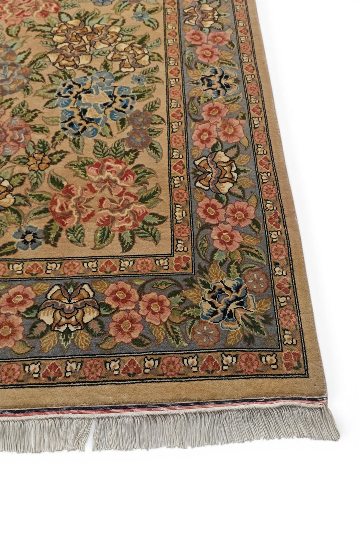 Camel and Pink Rose Floral, Hand-Knotted Wool Rug