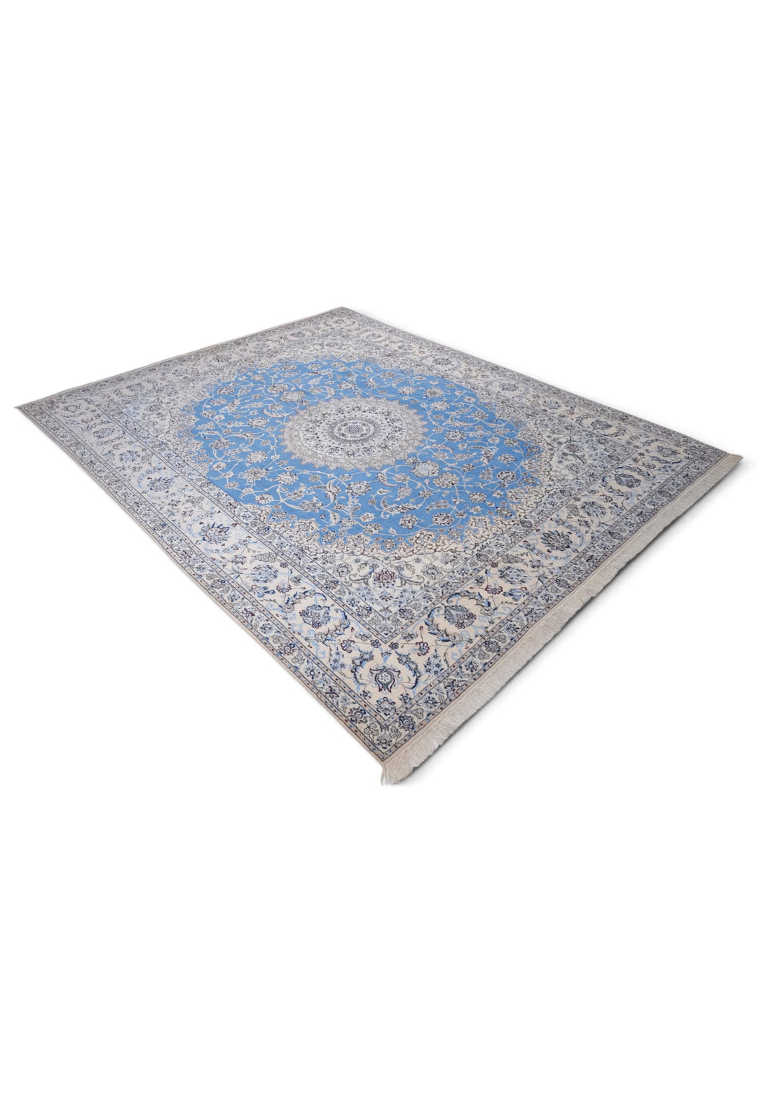Blue and Ivory Gonbad Dome Nain, Hand-Knotted Wool Rug