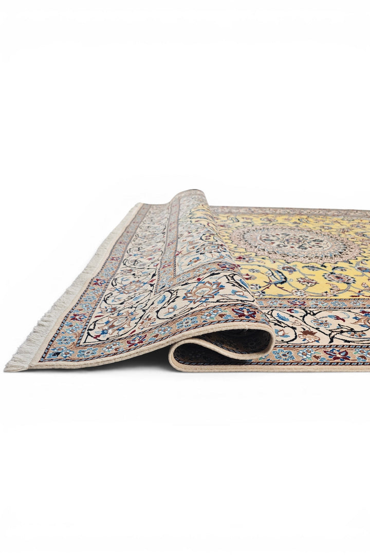 Saffron-Yellow Medallion Persian Nain, Hand-Knotted Wool Rug