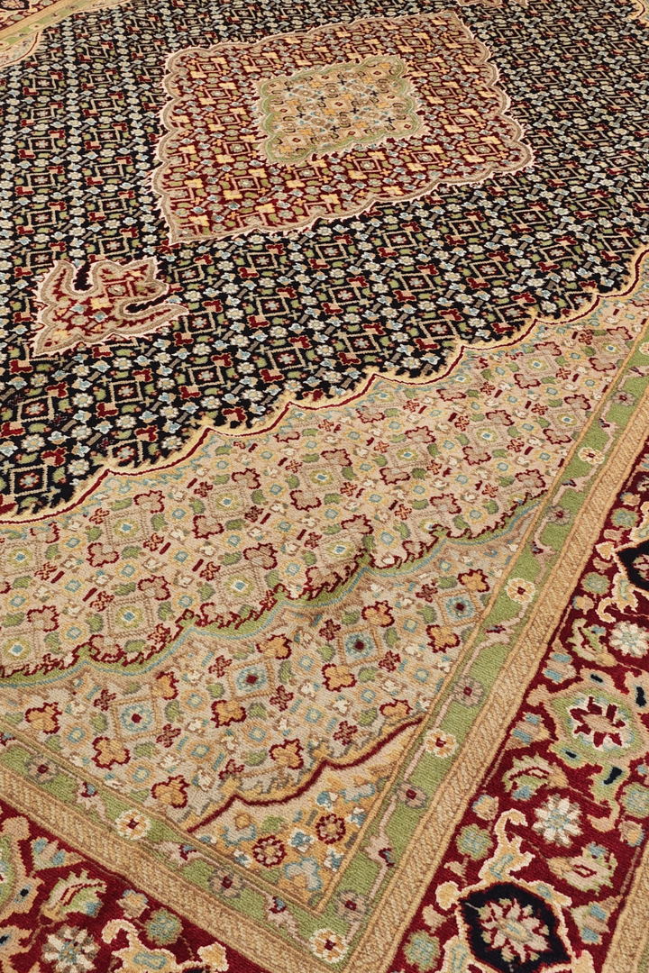Navy and Cream Tabriz Mahi, Hand-Knotted Pakistani Wool and Silk Rug