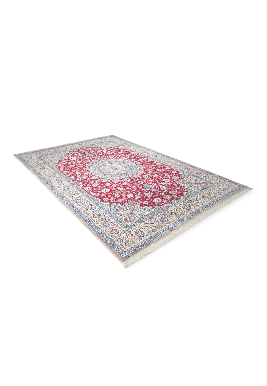Red and Cream Medallion Nain Shesh La, Hand-Knotted Wool Rug