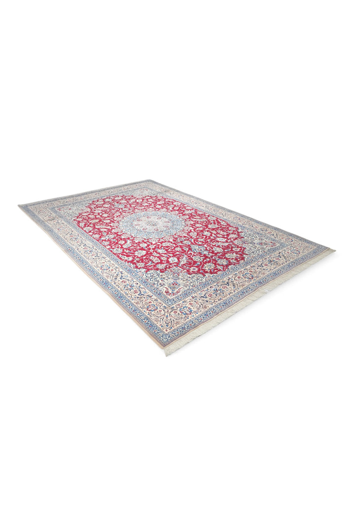 Red and Cream Medallion Nain Shesh La, Hand-Knotted Wool Rug