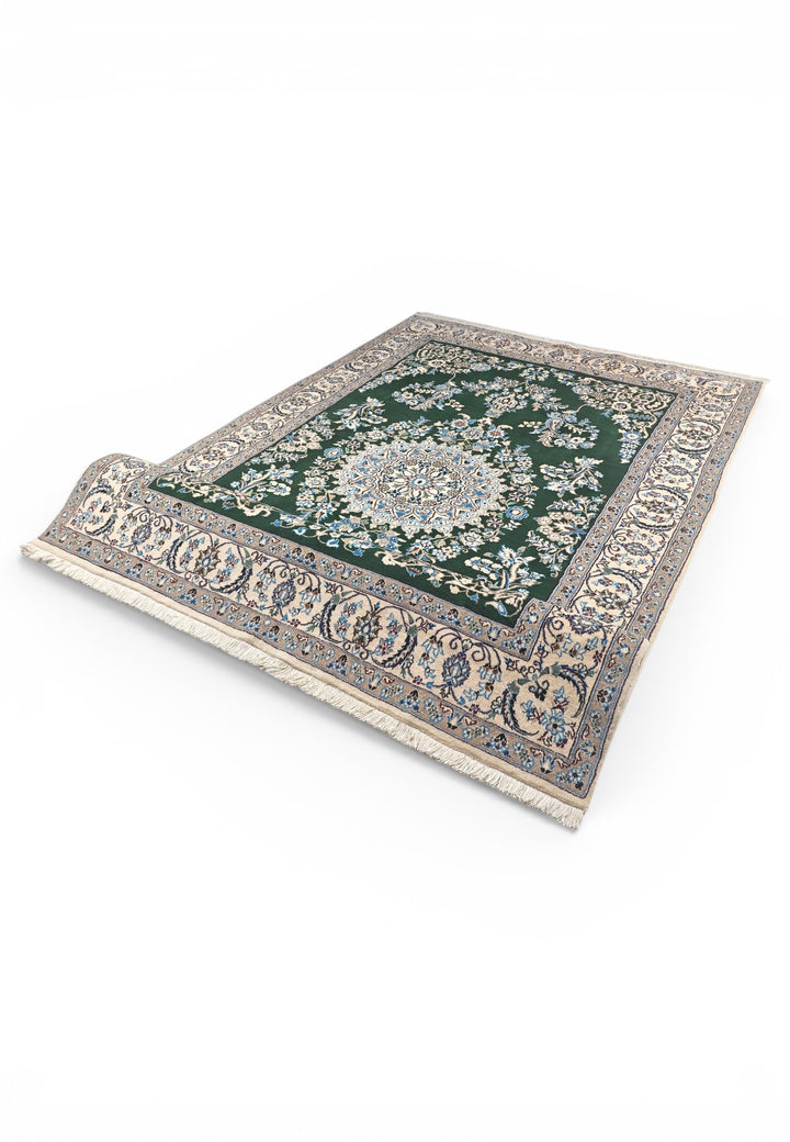 Forest-Green Medallion Persian Nain, Hand-Knotted Wool Rug